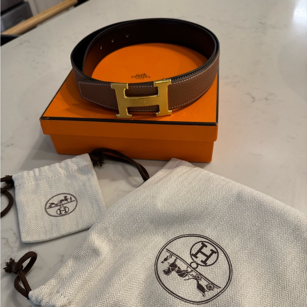 Hermes 32mm reversible leather strap nior/gold belt with gold H buckle